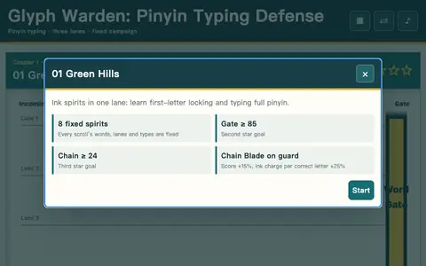 Glyph Warden: Pinyin Typing Defense